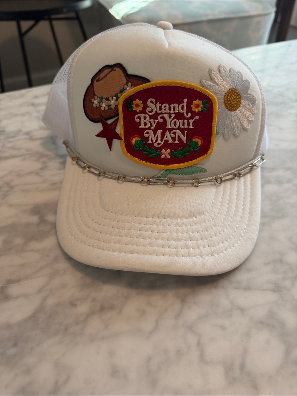 Stand By Your Man White womens Trucker Hat with Floral Patch